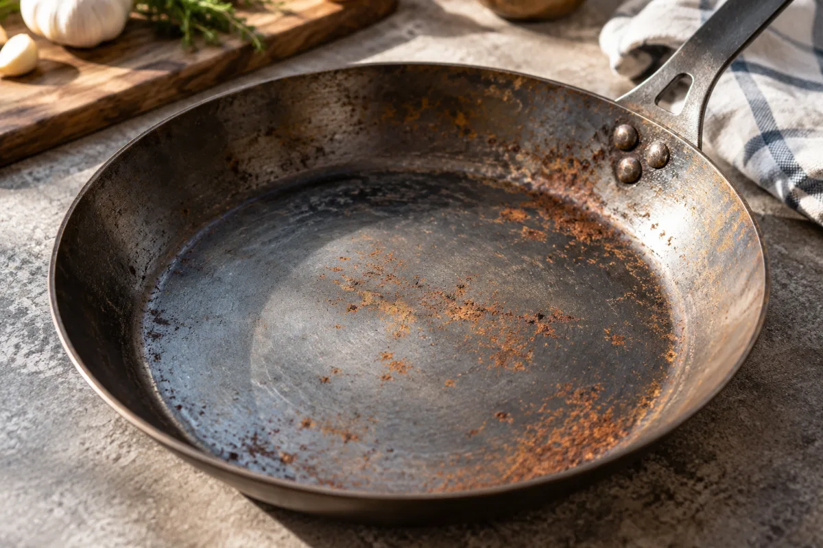 Light rust spots on a neglected carbon steel pan before cleaning
