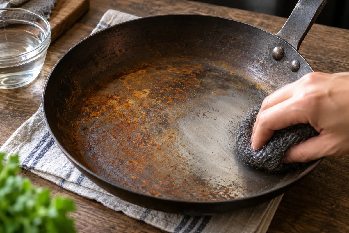 Removing rust from a carbon steel pan with steel wool