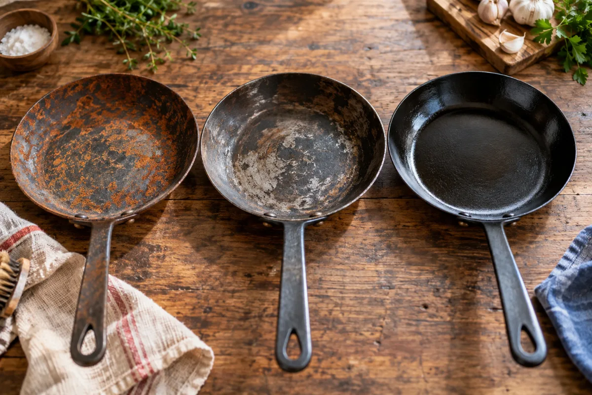 A before-and-after rust rescue ladder. Three pans (spotty, patchy, fully rusted), each with an arrow to the restored pan