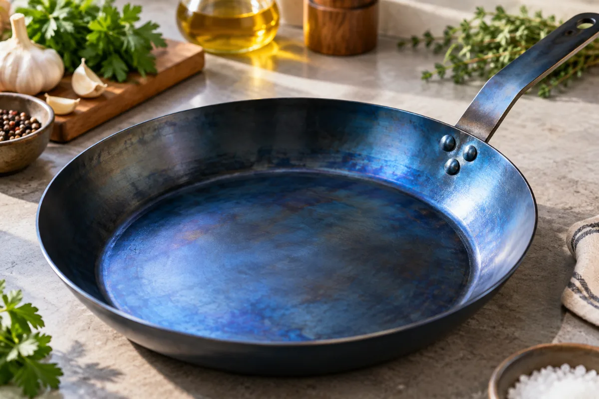Blue carbon steel pan showing the heat-treated blued surface