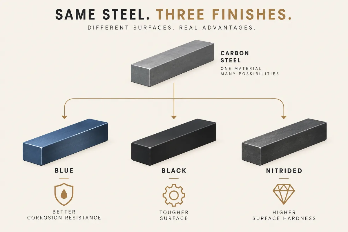A three-panel “same steel, three finishes” graphic. One bar of carbon steel splitting into blue, black, and nitrided sur