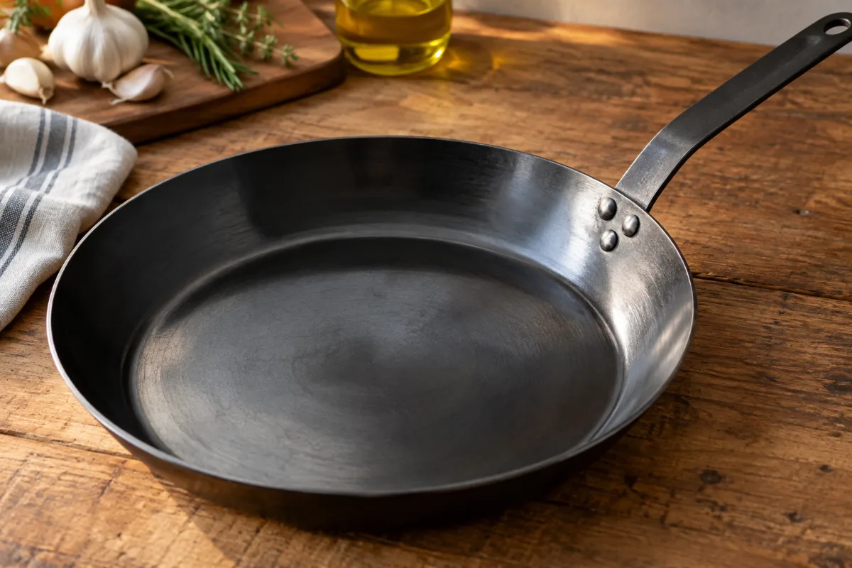 Black carbon steel pan with a protective factory coating