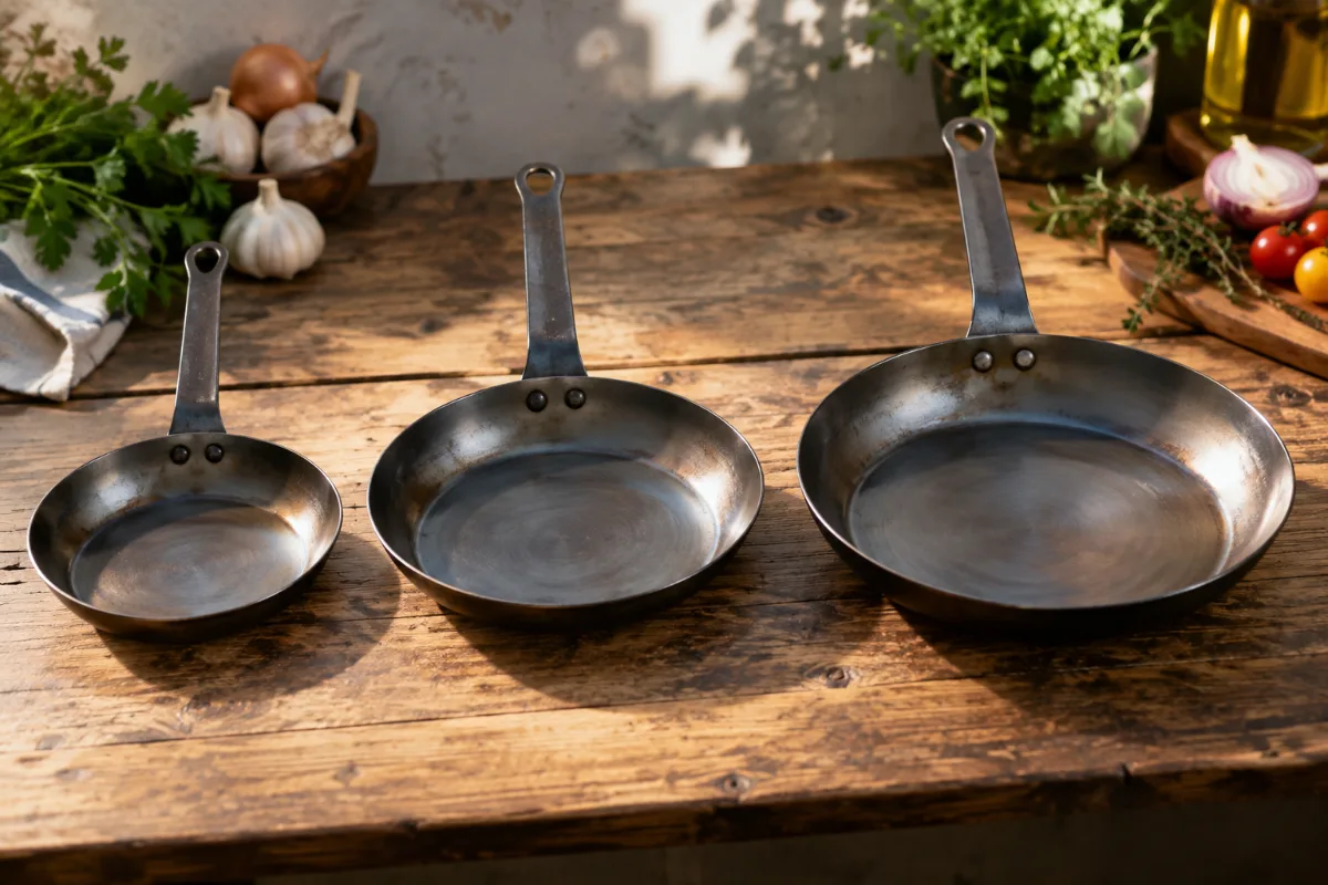 10, 11 and 12 inch carbon steel pans compared by size