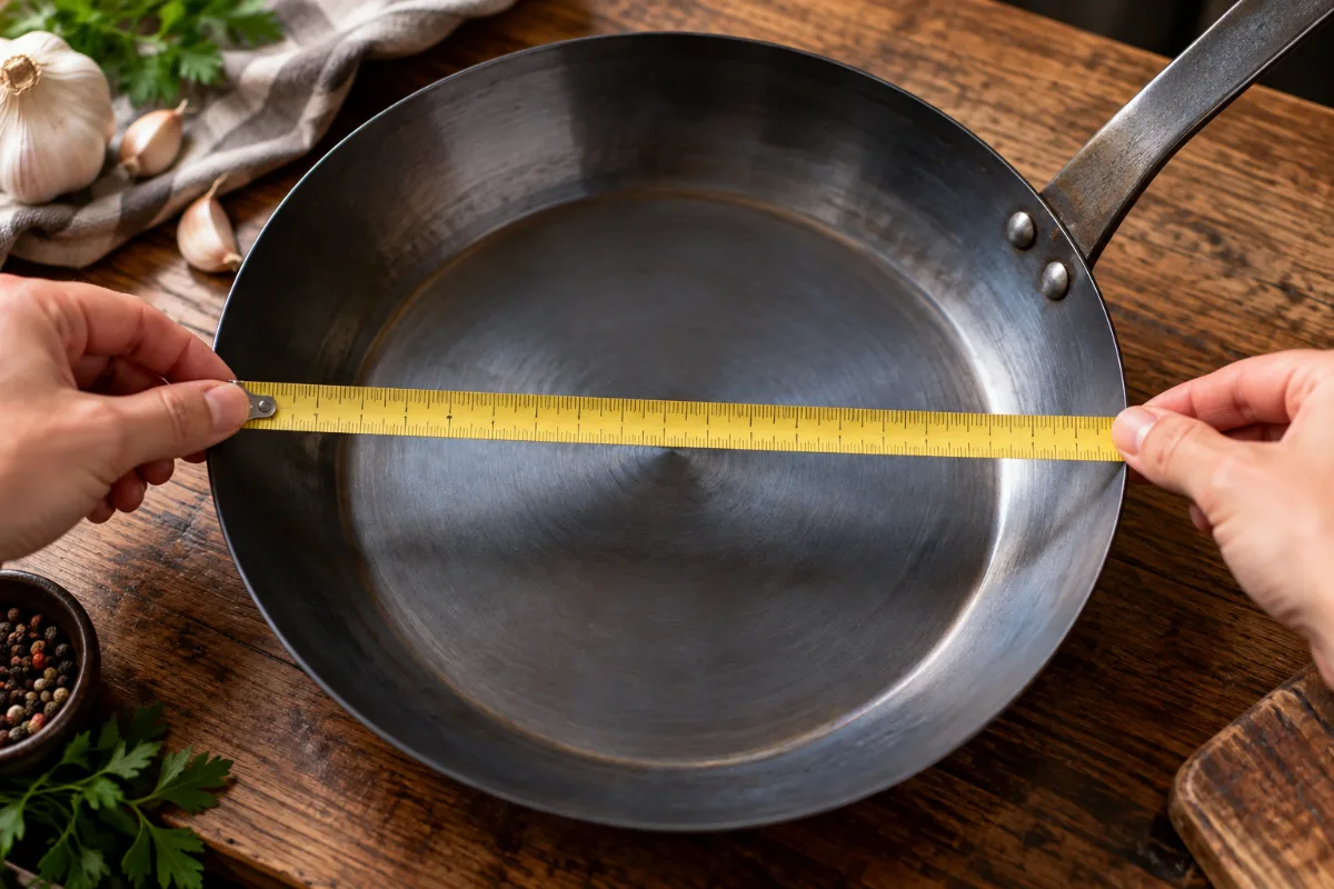 Measuring the flat cooking surface diameter of a carbon steel pan