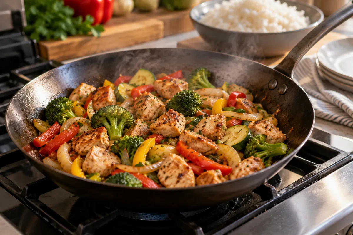 Eleven inch carbon steel pan cooking a family portion