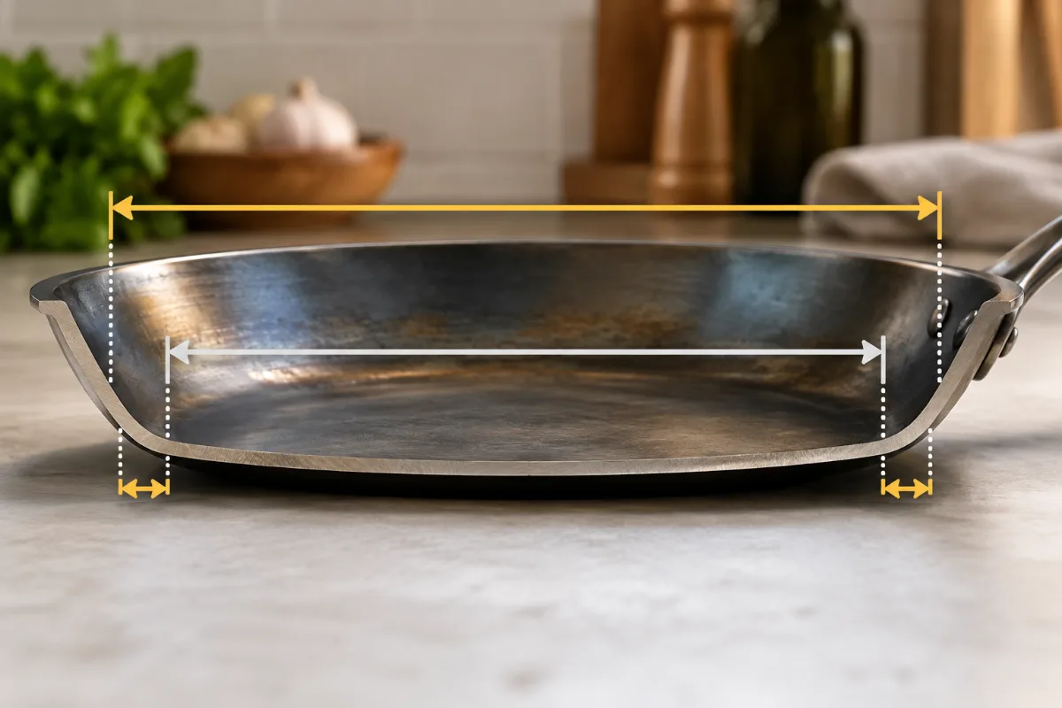 A single pan cross-section labelling rim diameter versus cooking-surface diameter, with the typical gap in inches shown 