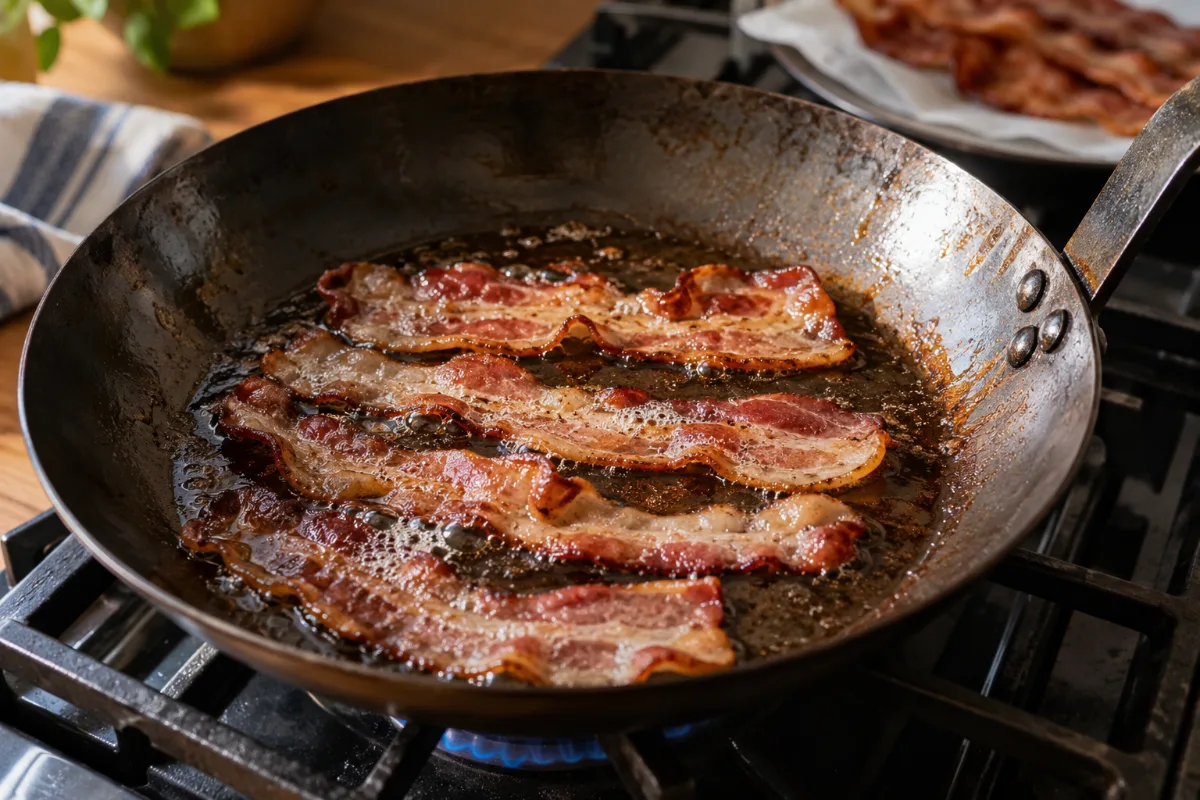 Cooking bacon to build seasoning in a new carbon steel pan