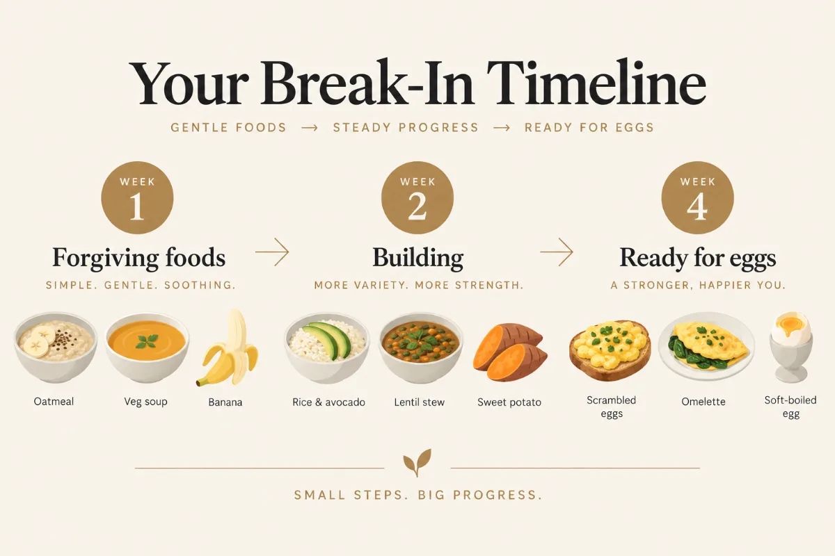 A ‘break-in timeline’ graphic: week 1 forgiving foods, week 2 building, week 4 ready for eggs, with example dishes at ea