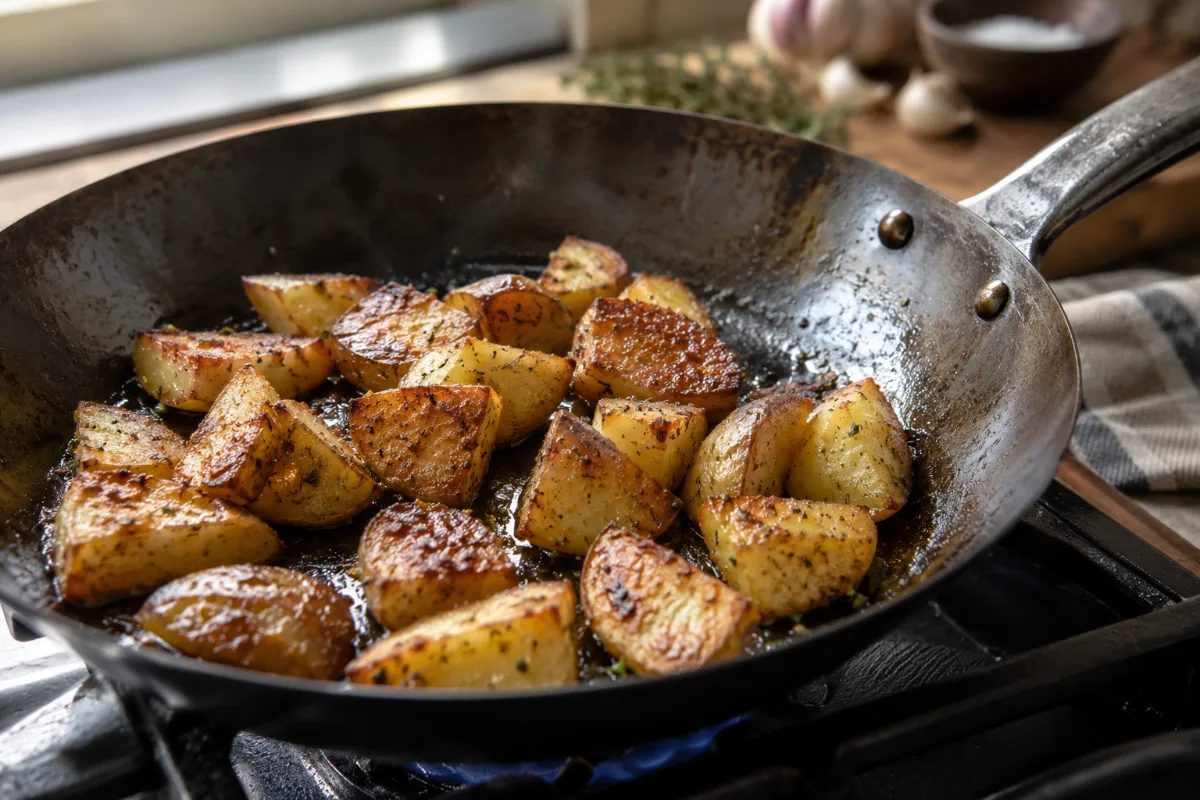 Crisping potatoes in a new carbon steel pan to build seasoning