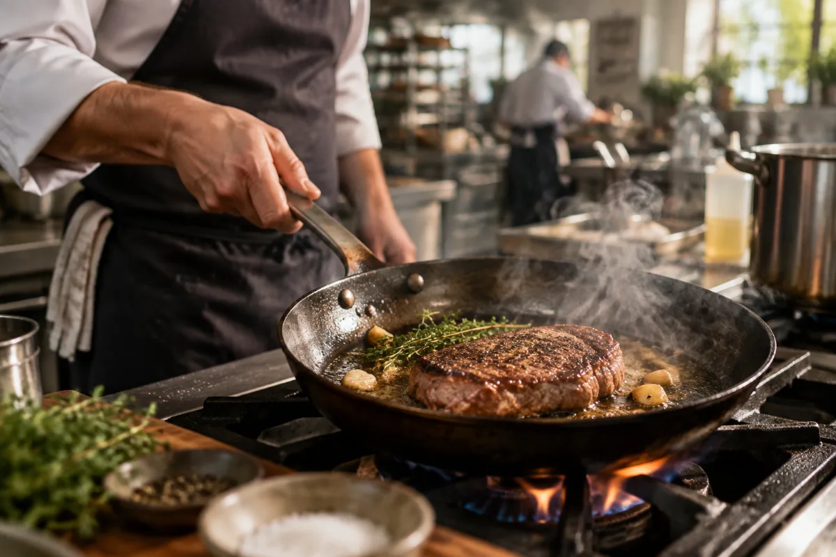 A chef searing in a carbon steel pan in a professional kitchen