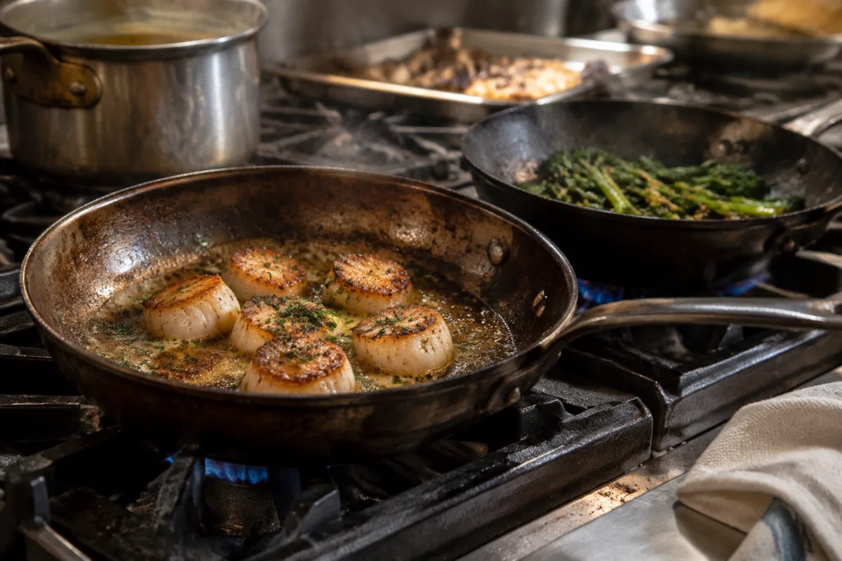 Well-used carbon steel pans in a restaurant kitchen