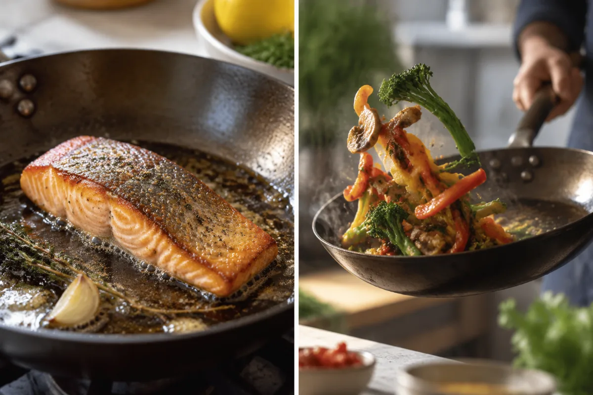 Tossing food in a lightweight carbon steel pan