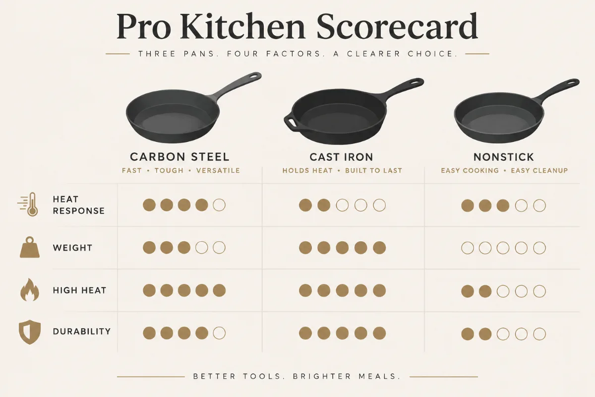 A “pro kitchen scorecard” comparing carbon steel, cast iron, and nonstick on heat response, weight, high heat, and durab