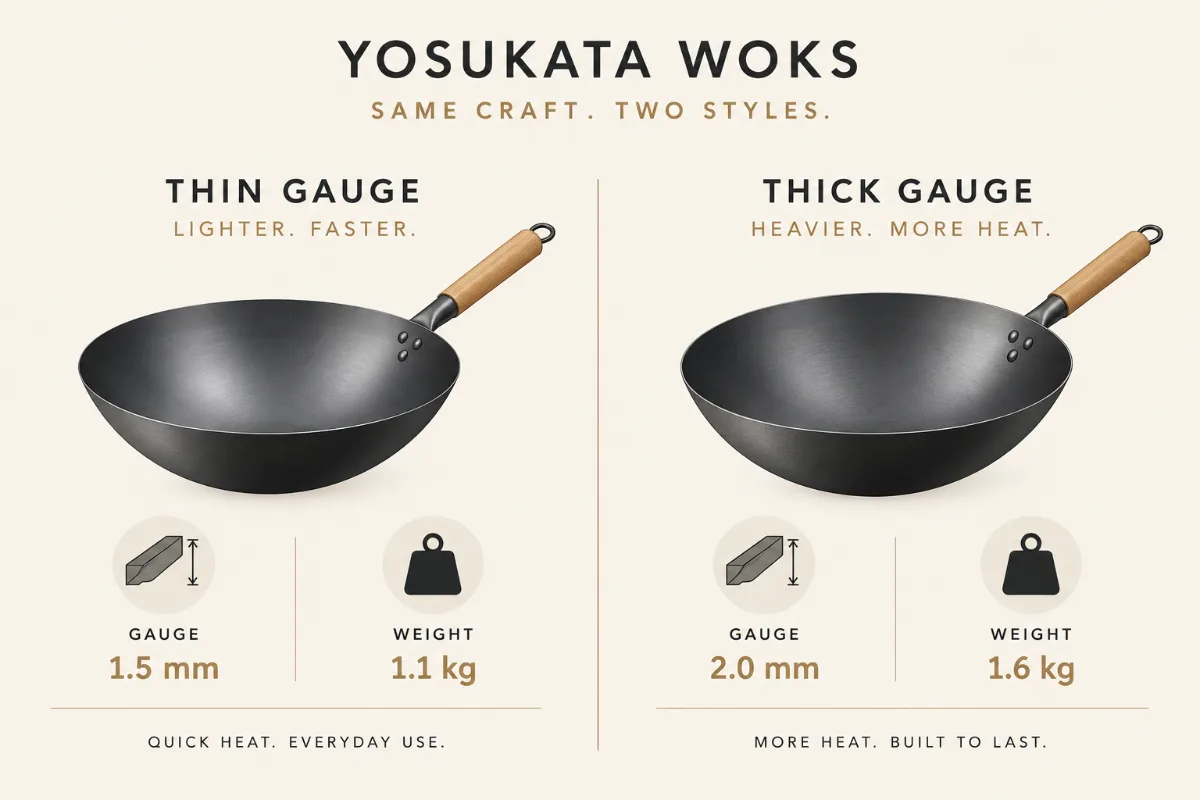 A two-model comparison card of the Yosukata woks with the gauge and weight difference illustrated.
