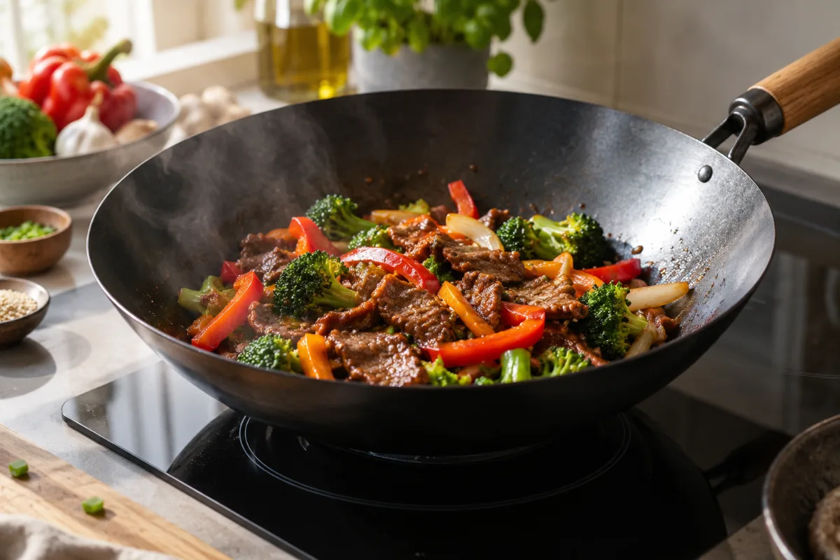 Yosukata flat-bottom wok on an induction cooktop